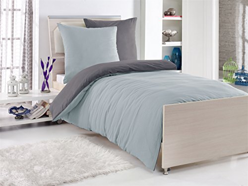 4-Teilige hochwertige Renforcé-Bettwäsche UNI-WENDE in anthrazit/silber 2x 135x200 Bettbezug + 2x 80x80 Kissenbezug , 100% Baumwolle