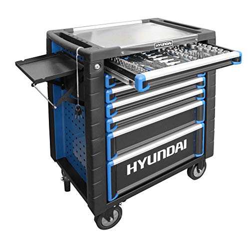 HYUNDAI Werkstattwagen SET 59002 (291-teilig, hochwertiger Werkzeugwagen, 7 Schubladen mit Einlagen, Montagewagen, 6 bestückte Schubladen, gefüllt mit Profiwerkzeug, zentral abschliessbar)