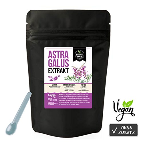 Astragalus 10:1 Extrakt | 100g EXTRAKT PULVER | naturrein - ohne Zusätze | laborgeprüft [siehe Bild] | 100g Extrakt = 1000g Astragalus Pulver | wiederverschließbarer Zippbeutel | haltbar bis 07.01.2020 | hochdosiert, 100% vegan & in Deutschland abgefüllt