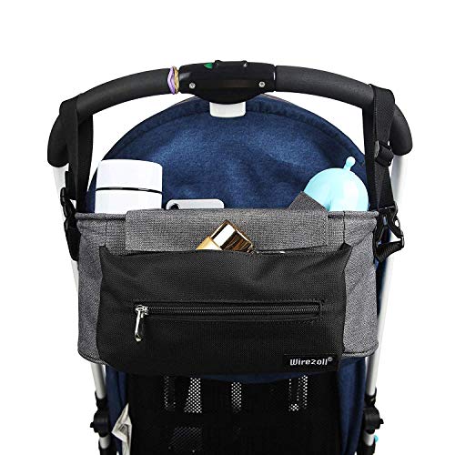 Kinderwagen Organizer, Universale Baby Kinderwagentasche Buggy Tasche mit Stahlring und verstellbaren Bändern (Grau)