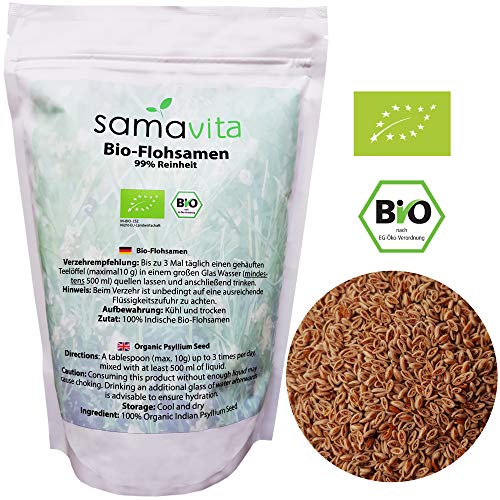 Flohsamen 500g, ganz, Bio, 99% Reinheit | Wiederverschließbarer Frischebeutel | Ballaststoffreich | Glutenfrei | Vegan | Geprüfte Lebensmittelqualität | 99 prozentige Reinheit