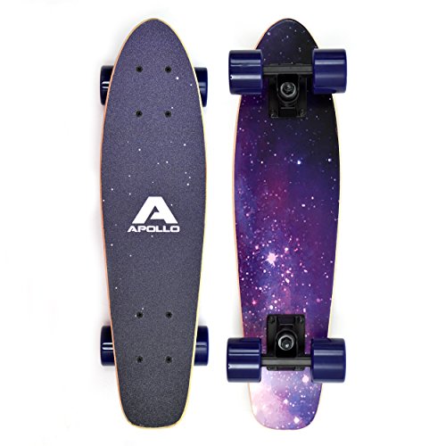 Apollo Wooden Fancy SkateBoard, Vintage Cruiser Komplettboard mit und ohne LED Wheels, Größe: 22.5'' (57,15 cm), Farbe: Sternenhimmel / Lila