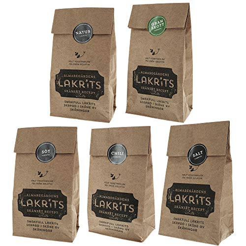 Almaregårdens Lakritz Probier-Set (5 x 150g | natur, süß, salzig, Chili & Fichtentriebe)