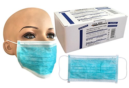 Mundschutz OP Einmal- 50 Stück Blau Gummibänder 3-lagig Mundschutzmaske Mundschutzmasken OP Maske Masken Gesichtsmaske 99,5% Filtereff. Original Tiga-Med Qualität