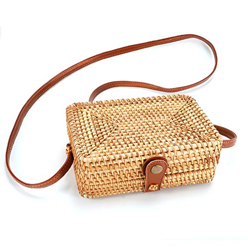 SOOHAO Handgewebte Rattan Tasche Handgemachte Korbtasche Kleine Handtasche Damen Vintage Stroh Crossbody Tasche Böhmischen Stil Umhängetasche Retro Handgestrickte Clutch Bag Sommer Strandtasche