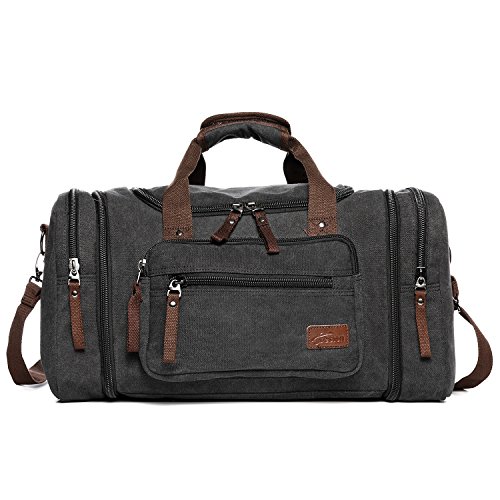 Canvas Reisetaschen, Fresion Großräumige Handtasche Schultertasch Herren Weekender Sporttasche Damen Reisetasche mit 2 Seiten Taschen für Erweiterungen (Schwarz)