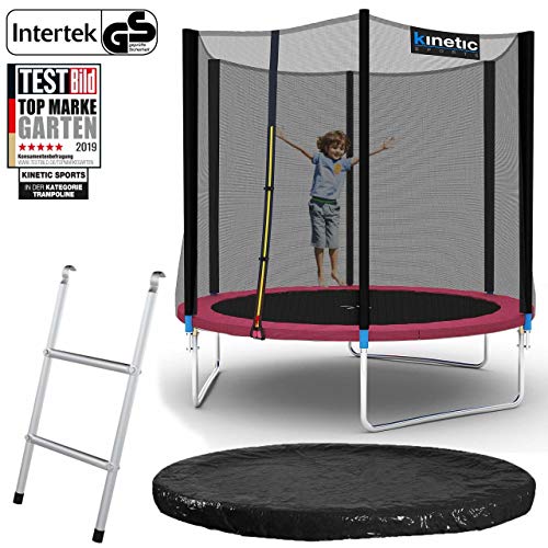 Kinetic Sports Outdoor Gartentrampolin Ø 244, TPLS08, inklusive Sprungtuch aus USA PP-Mesh +Sicherheitsnetz +Rand- u. Regen-Abdeckung +Leiter, bis 150kg, Intertek GS-geprüft, UV-beständig, PINK