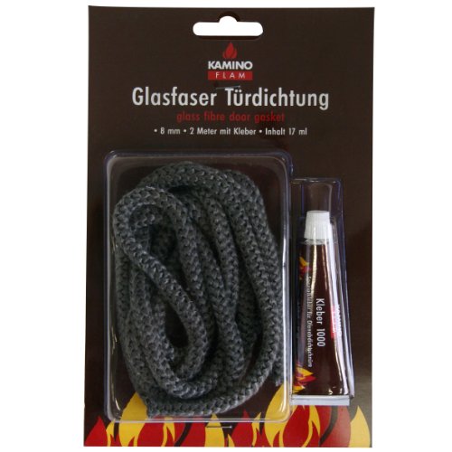 Kamino-Flam Abdichtband feuerfest bis 550 Grad - Glasstrickschnur 8 mm mit Kleber - Kaminschnur asbestfrei - Ofendichtschnur 2 m - Ofenschnurkleber für Kamin