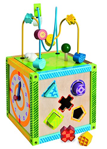 Eichhorn 100002235 - buntes Holz-Spielcenter, 20 x 20 x 36 cm, Motorik -inklusive Motorikschleife, Uhr, Motorikspiel, Drehspiel und 5 Steckbausteine