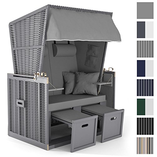 Sanzaro Strandkorb XL120 cm Deluxe Zweisitzer Holz und Poly-Rattan Sylt Ostsee Volllieger inkl. 4 x Kissen klappbare Rückenlehne 2 Personen Grau Uni