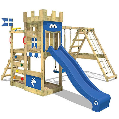 WICKEY Spielturm DragonFlyer Kletterturm in Ritterburg-Optik mit Doppelschaukel, Rutsche, Kletternetz und Sandkasten, blaue Plane + blaue Rutsche