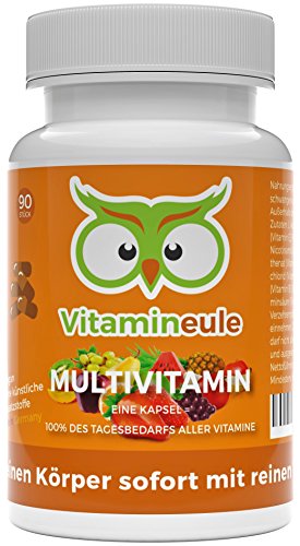 Multivitamin-Kapseln - ohne künstliche Zusatzstoffe - vegane, kleine Kapseln - Qualität aus Deutschland - 100% Zufriedenheitsgarantie - Vitamineule - Enthält 100% aller Vitamine von A-Z!