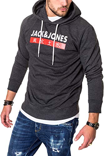 JACK & JONES Herren Hoodie Kapuzenpullover Sweatshirt Pullover Streetwear 4 Elements (Medium, Dark Grey Melange)