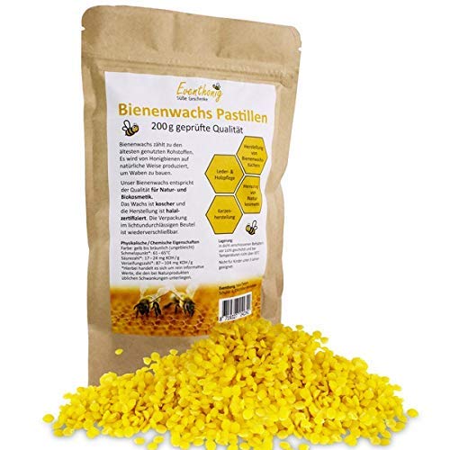 100% natürliche schnell schmelzende Bienenwachs Pastillen vom Imker für die Herstellung von selbstgemachten Salben Seifen Kerzen 100g 200g im lichtundurchlässigen, wiederverschließbaren Beutel für lange Haltbarkeit
