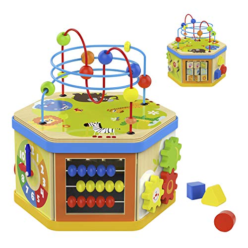 TOP BRIGHT Motorikwürfel ab 1 Jahr Holz groß，7-in-1 Spiele-Center Aktivität Würfel，Baby Pädagogisches Spielzeug Kinder Geschenke
