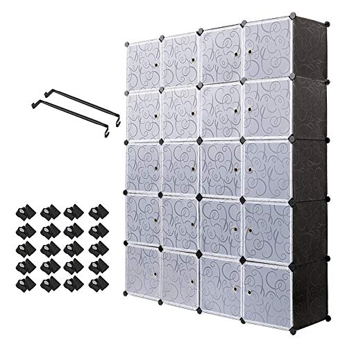 PONCTUEL ESCARGOT 20 Kubus Kunststoff Kleiderschrank Garderobenschrank Steckregal DIY Modular Schrank Regalsystem mit 2 Kleiderstange, für Kleidung Schuhe Spielzeug und Bücher (Schwarz und Weiß)
