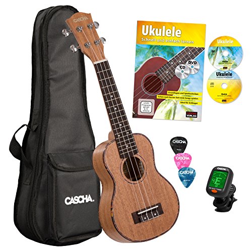 CASCHA HH 2027 DE Premium Mahagoni Sopran Ukulele Bundle mit Ukulelenschule, Stimmgerät, gepolsterter Tasche, 3 Picks und Aquila Qualitäts-Saiten