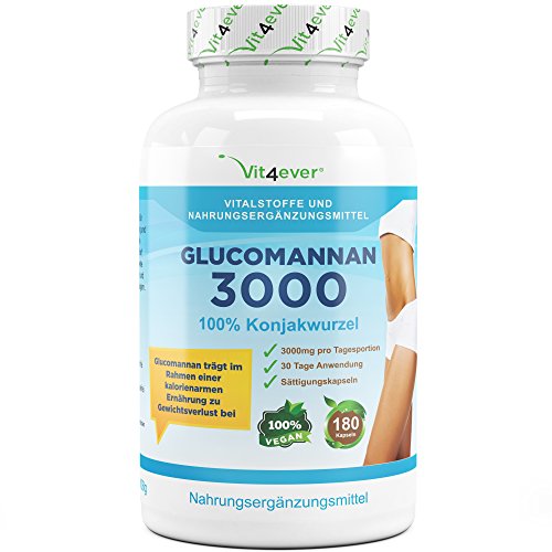 Glucomannan - 180 Kapseln - 3000mg - 30 Tage Anwendung - Sättigungskapseln - 100% Konjac Wurzel - Gewichtsverlust - Vit4ever