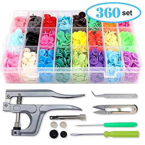 LEANKING Snaps Zange mit 360 Set T5 Druckknöpfe in 24 Farben Nähfrei Zubehöre in Organizer für DIY Basteln 360sets T5 Druckknöpfe Duckknöpfe mit Zange Druckknopf