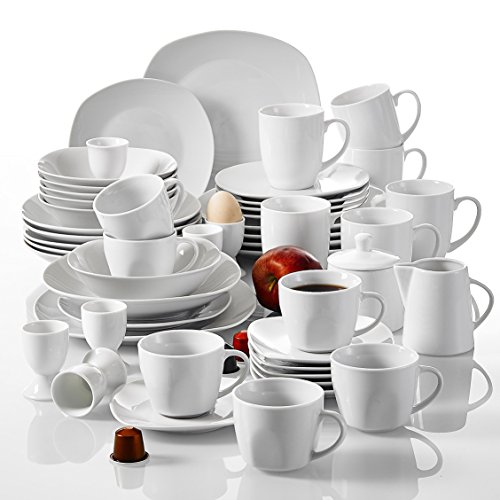 Malacasa, Serie Elisa, 50-teilig Tafelservice aus Porzellan, Kombiservice Frühstückservice Kaffeeservice mit Eierbecher, Kaffeetassen, Untertassen, Müslischalen, Dessertteller usw. für 6 Personen