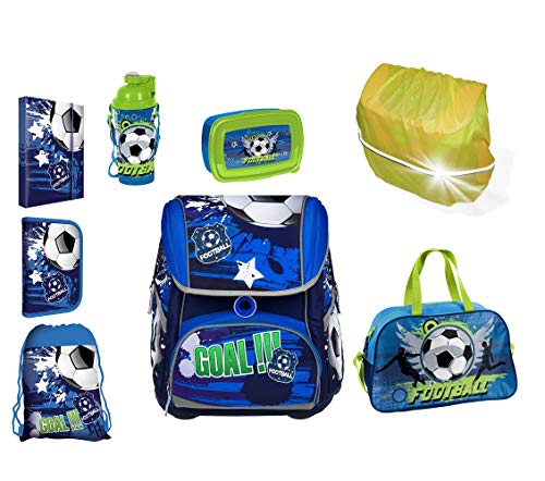 SCOOLSTAR Fußball Schulranzen Jungen 1 Klasse Tornister Schulrucksack Schultasche  SEHR LEICHT  SET 8 tlg.  inkl. Federmäppchen, Turnbeutel, A4 Box, Regenschutz, Trinkflasche, Brotdose, Sporttasche