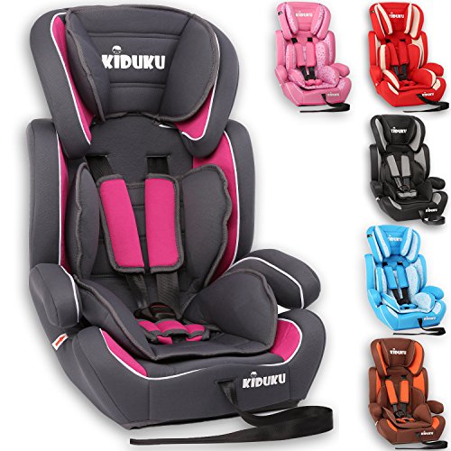 KIDUKU Autokindersitz Kindersitz Kinderautositz, Sitzschale, universal, zugelassen nach ECE R44/04, in 6 verschiedenen Farben, 9 kg - 36 kg 1 - 12 Jahre, Gruppe 1 / 2 / 3 (Grau/Pink)