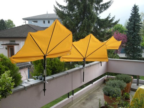 Neues Modell ab März 2018 - Exklusiver GELBER BALKONSCHIRM STABIELO - Fächschirm Holly'mat  mit BALKONHALTERUNG für Brüstungen bis 195 mm + Gummischutzkappen - INNOVATIONEN MADE in GERMANY - HOLLY PRODUKTE STABIELO  - holly-sunshade