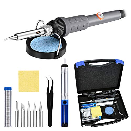 Lötkolben Set, TOPELEK 9in1 Lötset 60W Lötstation Regelbar (220-480°C, 5 Lötspitzen, Entlötpumpe, Lötkolbenständer), Feinlötkolben Soldering Iron kit für Elektrotechnik Reparaturen Profi Hobbybastler