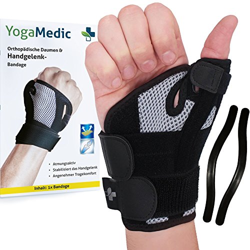 Daumenbandage Daumenschiene rechts & links von YogaMedic - Zufriedenheitsgarantie - Stabilisierende Schiene für Entlastung des Handgelenks bei Verletzungen und Sehnenscheidenentzündung - Handmanschette, Daumenorthese, Daumenschutz, Fingerschiene für Sattelgelenk