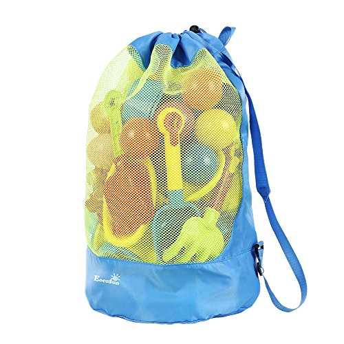 Strandspielzeug Tasche Strandtasche Mesh Beach Bag EocuSun für Sandspielzeug Wasserspielzeug Rücksack Beutel für kleinkind Kinder Jungen Mädchen Badetasche XXL groß für Familie Urlaub (Blau)