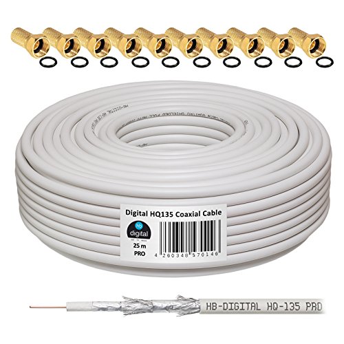 HB-DIGITAL HQ-135 PRO 25m 135dB Koaxial SAT Kabel 4-fach geschirmt Antennenkabel DVB-S/S2 DVB-C DVB-T/T2 BK Anlagen inkl. 10 vergoldete F-Stecker