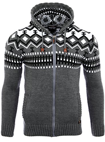 Reslad Herren Grobstrick Norweger Winter Strickjacke mit Kapuze RS-3104 Blau M
