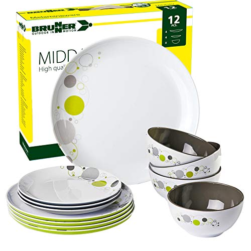 Brunner: Melamin Campinggeschirr (Antislip), 4 Personen (12 Teilig), Space Midday, Zum Grillen Und Picknicken