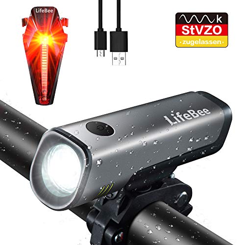 LifeBee LED Fahrradlicht Set, StVZO Zugelassen USB Wiederaufladbare Fahrradbeleuchtung fahrradlichter Set, IPX5 Wasserdicht Frontlicht Rücklicht Fahrradlampe Set, 300Lumen Licht für Fahrrad