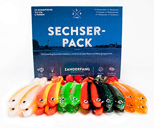 Zanderfang 24 Gummifische zum Zanderangeln mit Gummifisch 24er Set | Sechserpack | 6 Farben | 12,5 cm