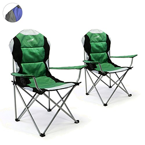 Divero Deluxe Faltstuhl 2er Set Armlehne grün schwarz Getränkehalter Tragetasche 90x62x108 cm bis 130 kg 600D Oxford Beschichtung Campingstuhl Angelstuhl Stahlrahmen 19mm extra breit gepolstert