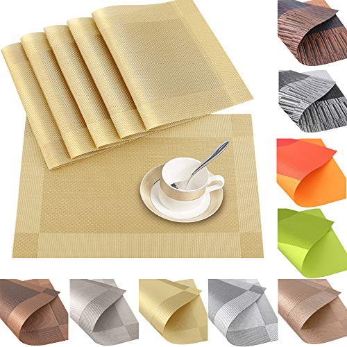 6er Set Platzsets Platzdeckchen Rutschfest Abwaschbar Tischmatten aus PVC Abgrifffeste Hitzebeständig Tischsets Schmutzabweisend (PVC-Gold)
