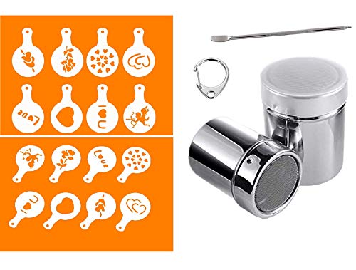 Hochwertig Edelstahl Kakaostreuer Puderzuckerstreuer Streuer für Kakaopulver Schokopulver Zucker Mehl Salz Gewürz Geschnitzte Nadel für Fancy Kaffee mit Deckel, 16 Pcs Kaffee Cappuccino Schablonen