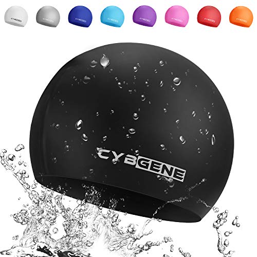 CybGene Badekappe Schwimmkappe Bademütze für Damen, Herren und Kinder Hochwertige Weich Silikon Unisex wasserdichte rutschfeste OneSize-Schwarz