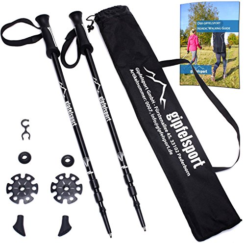 Nordic Walking Stöcke von gipfelsport - ein Paar Wanderstöcke mit Tasche I Trekkingstöcke für Damen und Herren, verstellbar | Teleskop Stöcke mit Aufsätzen, Gummipuffer I + Gratis eBook
