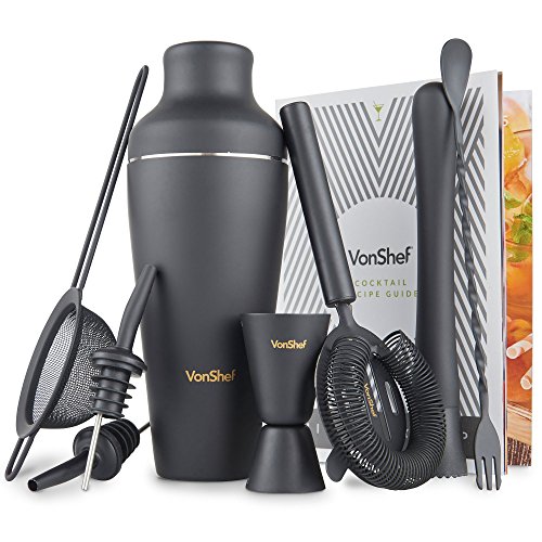 VonShef Premium Mattschwarz Pariser Cocktailshaker Set in Geschenkbox mit Rezepten & Zubehör