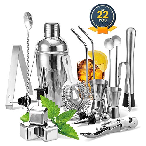 Cocktail Shaker Set, Haipei 22Teilig Cocktail Shaker + Whisky Steine, Komplettes Kit, Sie müssen keine zusätzlichen Whisky Steine kaufen，Ideal für Familien, Feste, Bars