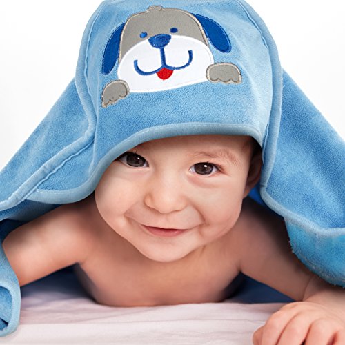 Mias Badehandtuch Baby Mikrofaser mit Kapuze, hellblau, mit 3-D-Hund-Applikation – 2 Jahre Geld-zurück-Garantie – Kapuzenhandtuch, Baby-Badetuch – für trockene, weiche Baby-Haut nach dem Baden