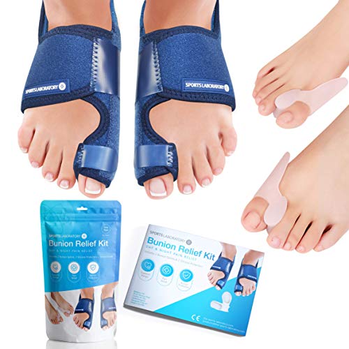 Sports Laboratory Set zur Ballenkorrektur für Tag & Nacht, 2 Schienen & 2 Gel-Zehenspreizer für Großzehe, Ratgeber, Schutz & Schmerzlinderung bei Hallux Valgus, für Männer & Frauen