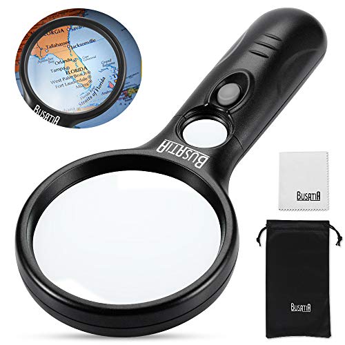 BUSATIA Lupe mit Licht 3X 45X, Beleuchtete Leselupe Vergrößerungsglas mit 3 LED, Hohe Klarheit & Leichtgewicht Handlupe für Senioren, Juwelier, Handwerk, Bücher - mit ein Linsentuch & Kordelbeutel