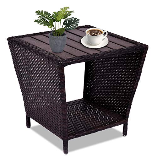 COSTWAY Rattantisch mit Stauraum, Polyrattan Gartentisch Metallgestell, Bistrotisch braun, Beistelltisch Vintage, Balkontisch Holztischplatte, Couchtisch 50x50x48cm