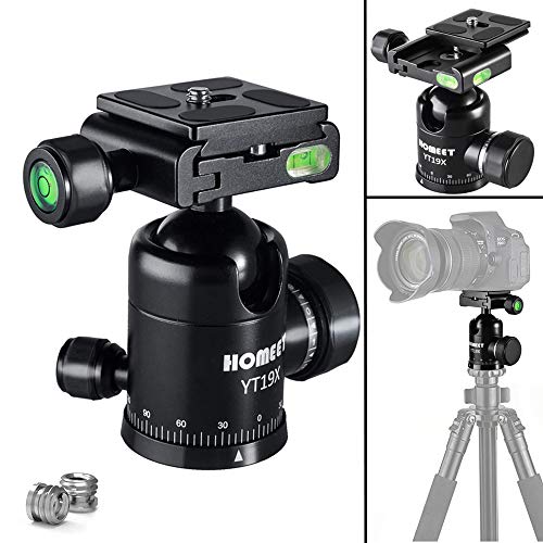 Homeet YT19X Kamera Stativ Kugelkopf Metall 360 Grad Drehbar Panorama Stativkopf CNC Eloxiert, 1/4' & 3/8' Muttern mit 1/4 Zoll Schnellwechselplatte, bis zu 10kg Tragekraft Einbeinstativ Kugelkopf