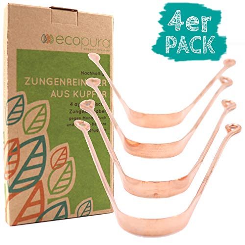 ecopura Zungenreiniger aus Kupfer - 4er Set Ayurveda Zungenschaber gegen Mundgeruch, Frischer Atem, Mundhygiene, Antimikrobiell - Umweltfreundlich, Plastikfrei, Vegan, Wiederverwendbar