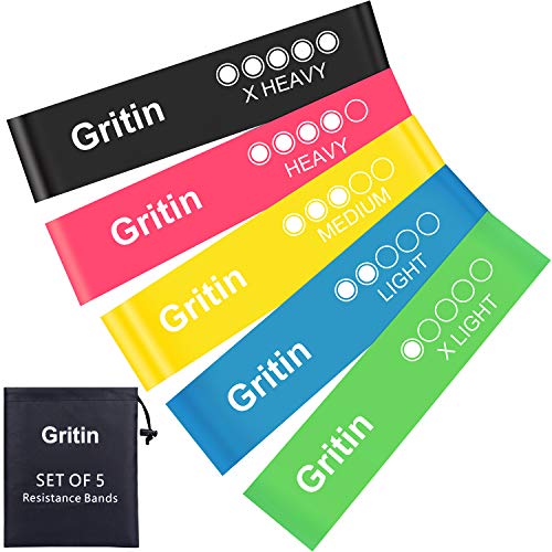 Gritin Fitnessbänder, [5er Set] Widerstandsbänder Gymnastikband aus ungiftigem Naturlatex Elastisch Fitness Band mit Tasche, Hautfreundlich für Muskelaufbau, Yoga, Crossfit, Gymnastik usw.