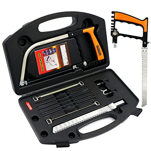 Hiveseen Kleine Hand Bügelsäge Set, 15-in-1, Multifunktions, mit 8 HSS Stahl Sägeblätter, Einstellbarer Rahmen, Universal Metallsäge für Outdoor Camping, Küche, Glas, Fliesen, Holz, Metall, Kunststoff